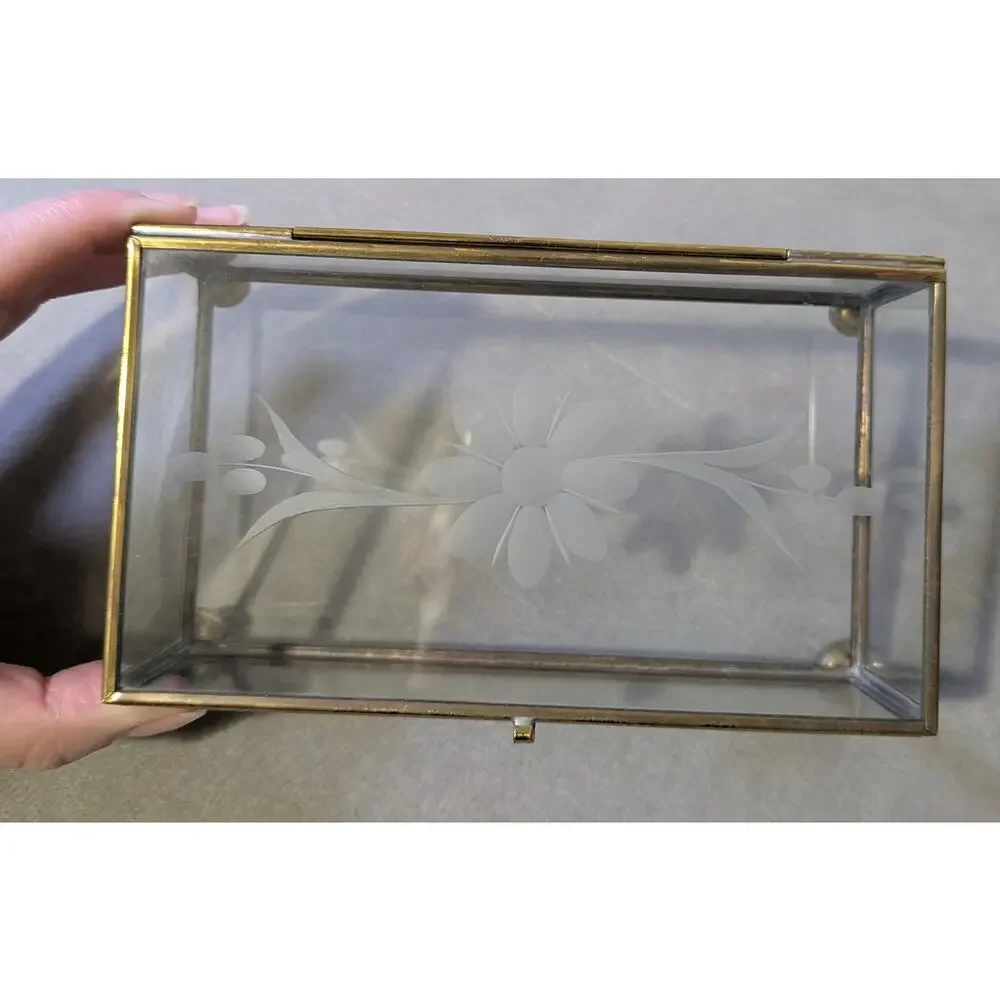 Vintage Brass & Glass Trinket Box Etched Floral Lid Jewelry Case Vanity Decor